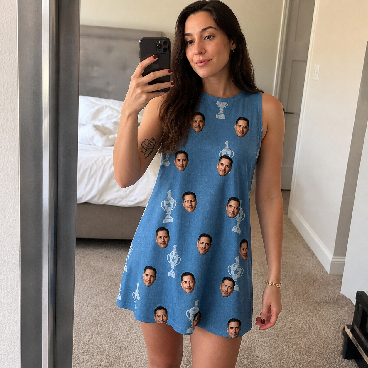 Real-life photo of someone wearing Women's Trophy Toppers Custom Face Tank Dress — custom faces printed all-over