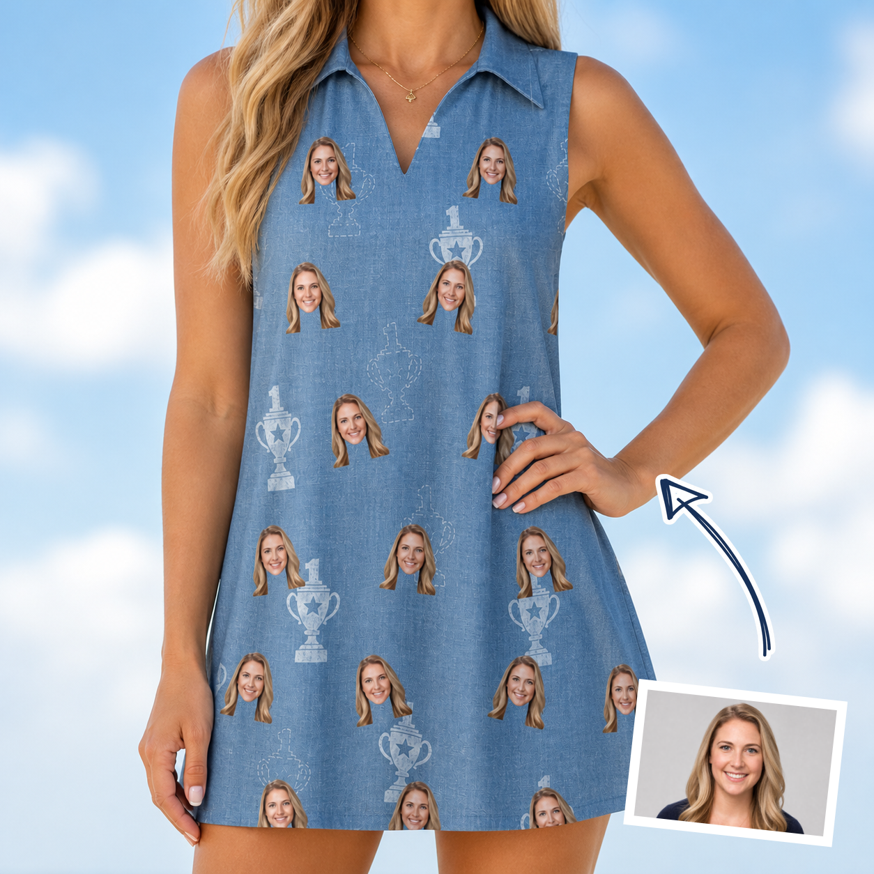 Woman wearing Women's Trophy Toppers Custom Face V-Neck Dress — custom faces printed all-over