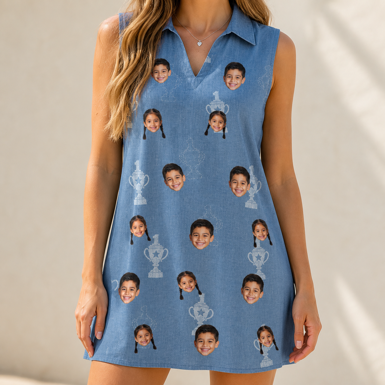Model wearing Women's Trophy Toppers Custom Face V-Neck Dress printed with kids' faces