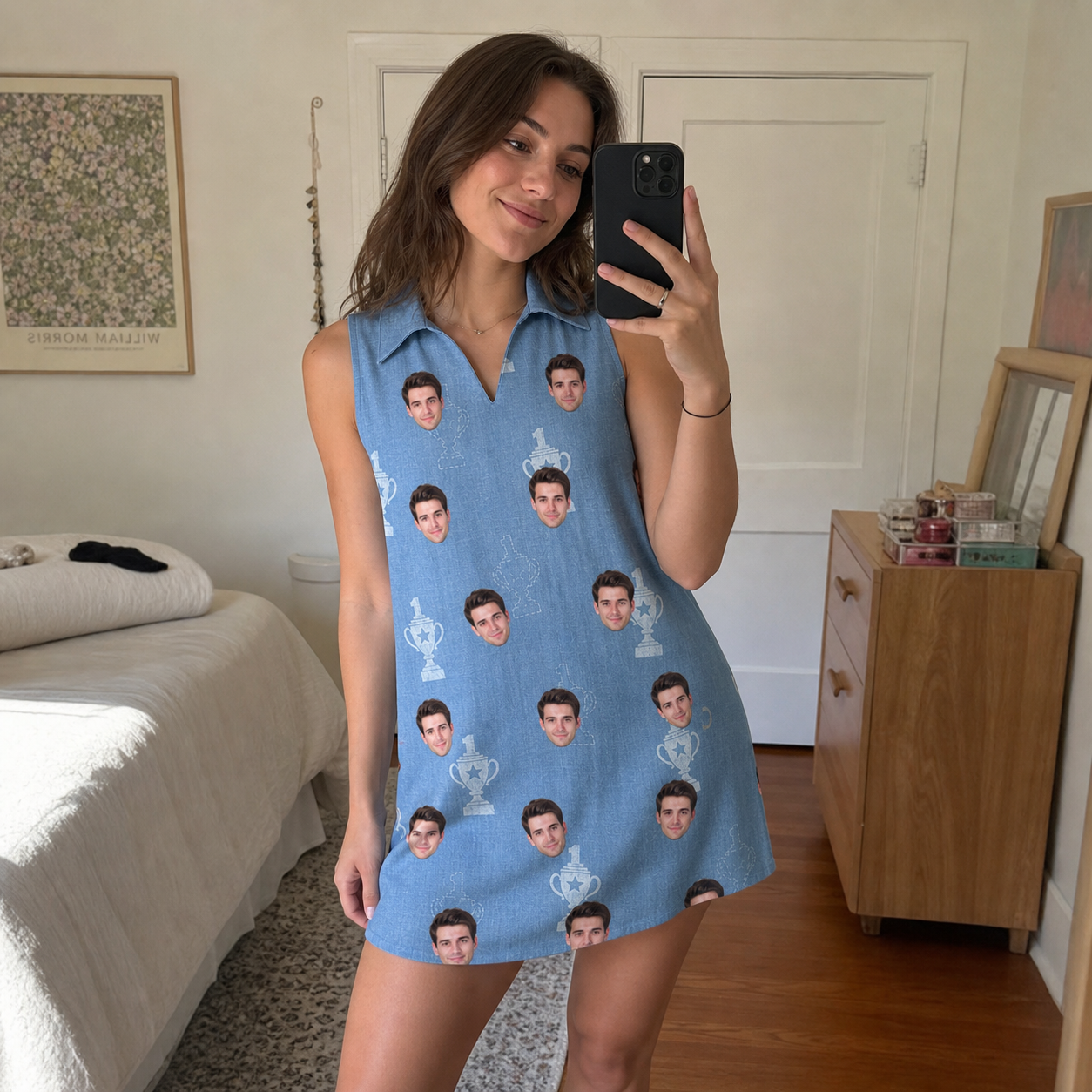 Real-life photo of someone wearing Women's Trophy Toppers Custom Face V-Neck Dress — custom faces printed all-over