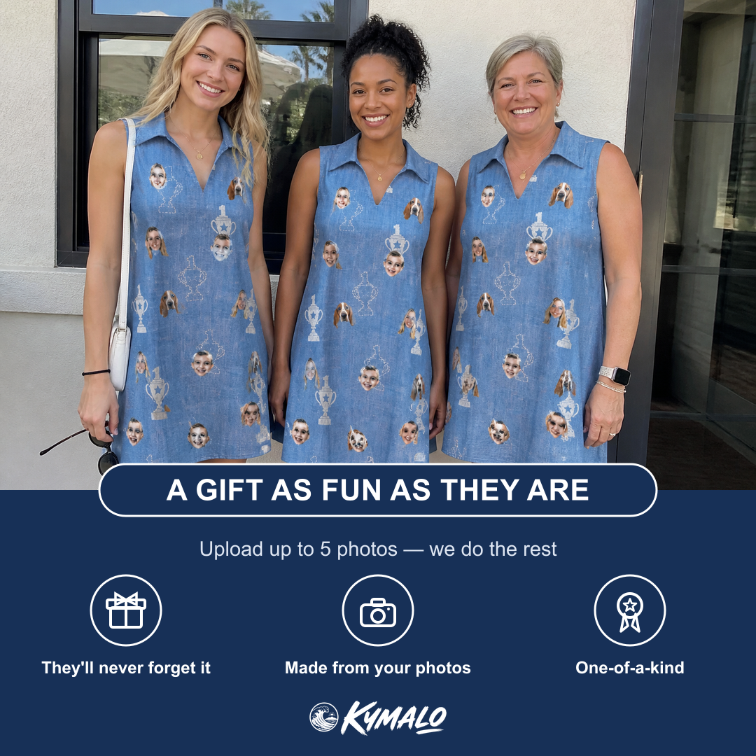 Friends in matching Women's Trophy Toppers Custom Face V-Neck Dress — a group gift photo