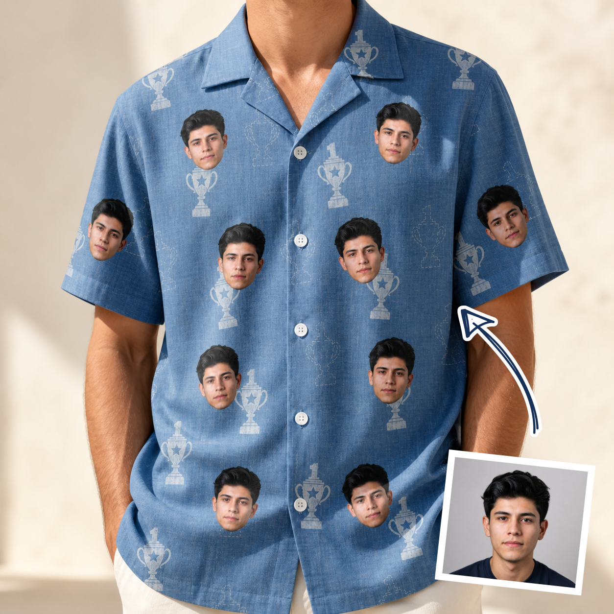 Man wearing Men's Trophy Toppers Custom Face Hawaiian Shirt — custom faces printed all-over