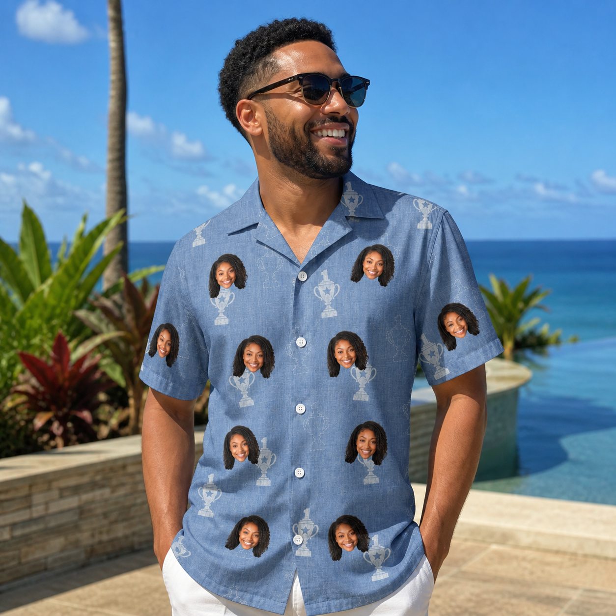 Real-life photo of someone wearing Men's Trophy Toppers Custom Face Hawaiian Shirt — custom faces printed all-over
