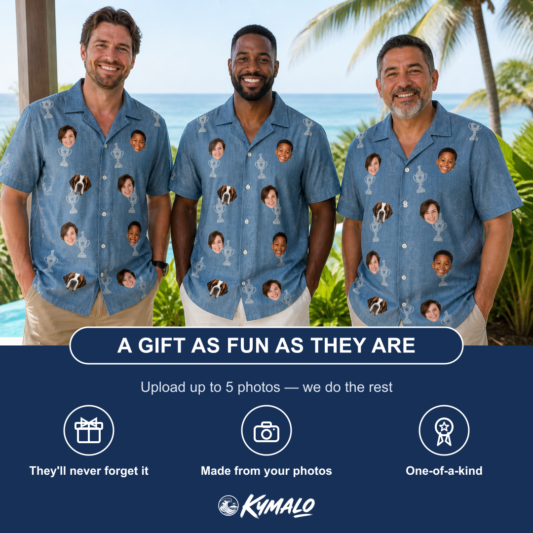 Friends in matching Men's Trophy Toppers Custom Face Hawaiian Shirt — a group gift photo