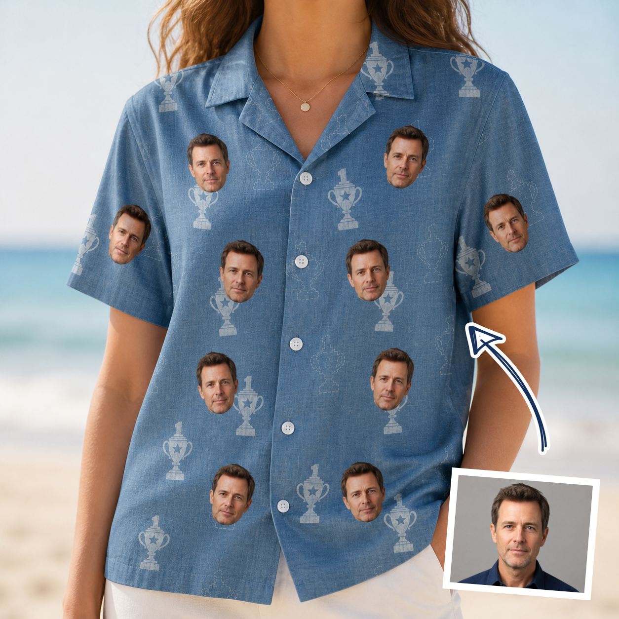 Woman wearing Women's Trophy Toppers Custom Face Hawaiian Shirt — custom faces printed all-over