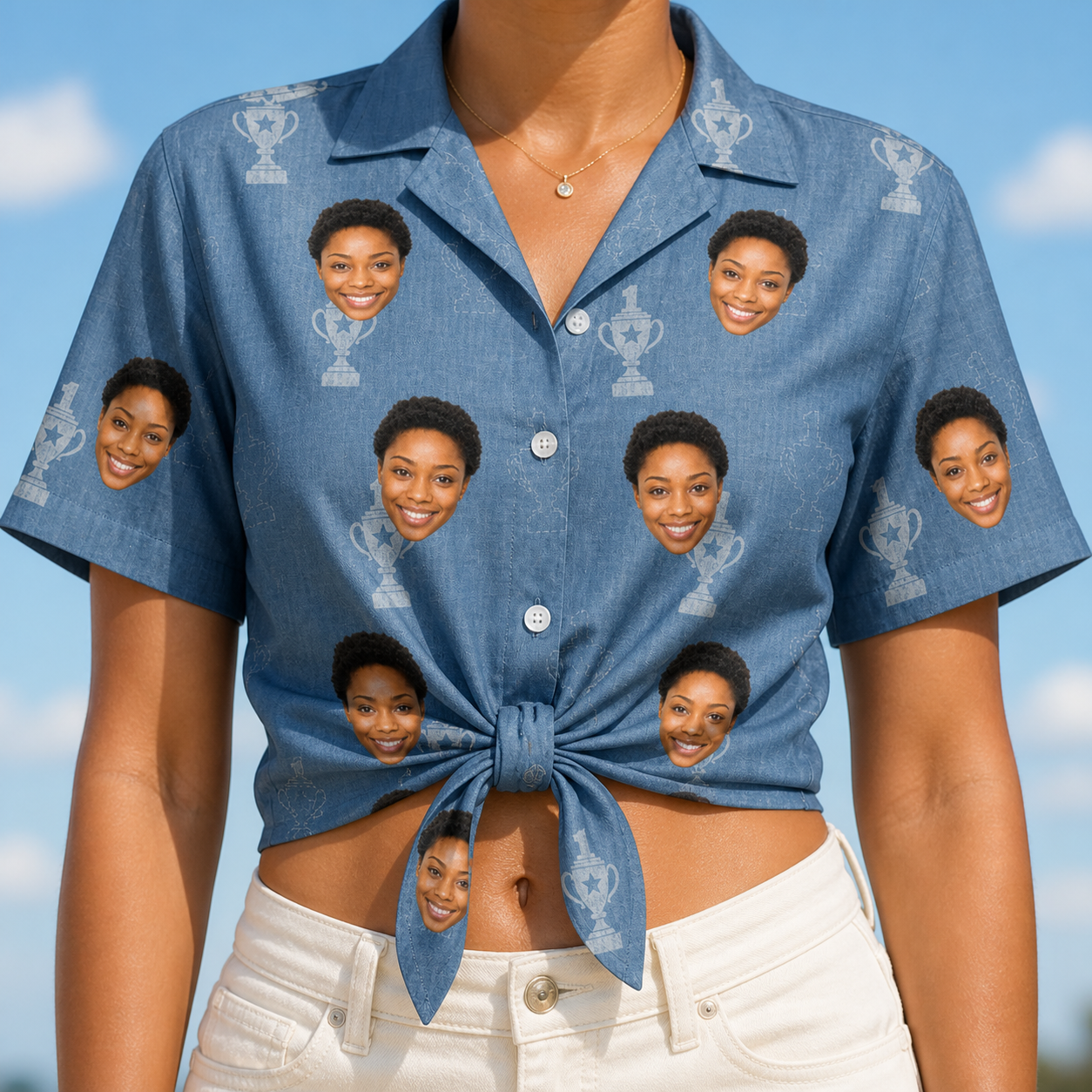 Woman wearing Women's Trophy Toppers Custom Face Hawaiian Shirt tied at the waist
