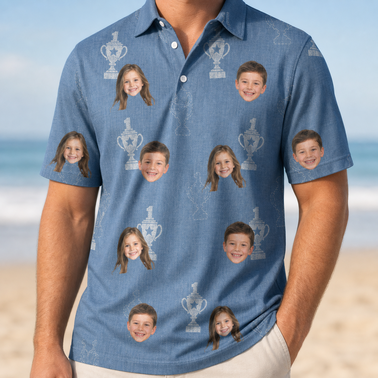 Model wearing Men's Trophy Toppers Custom Face Polo Shirt printed with kids' faces
