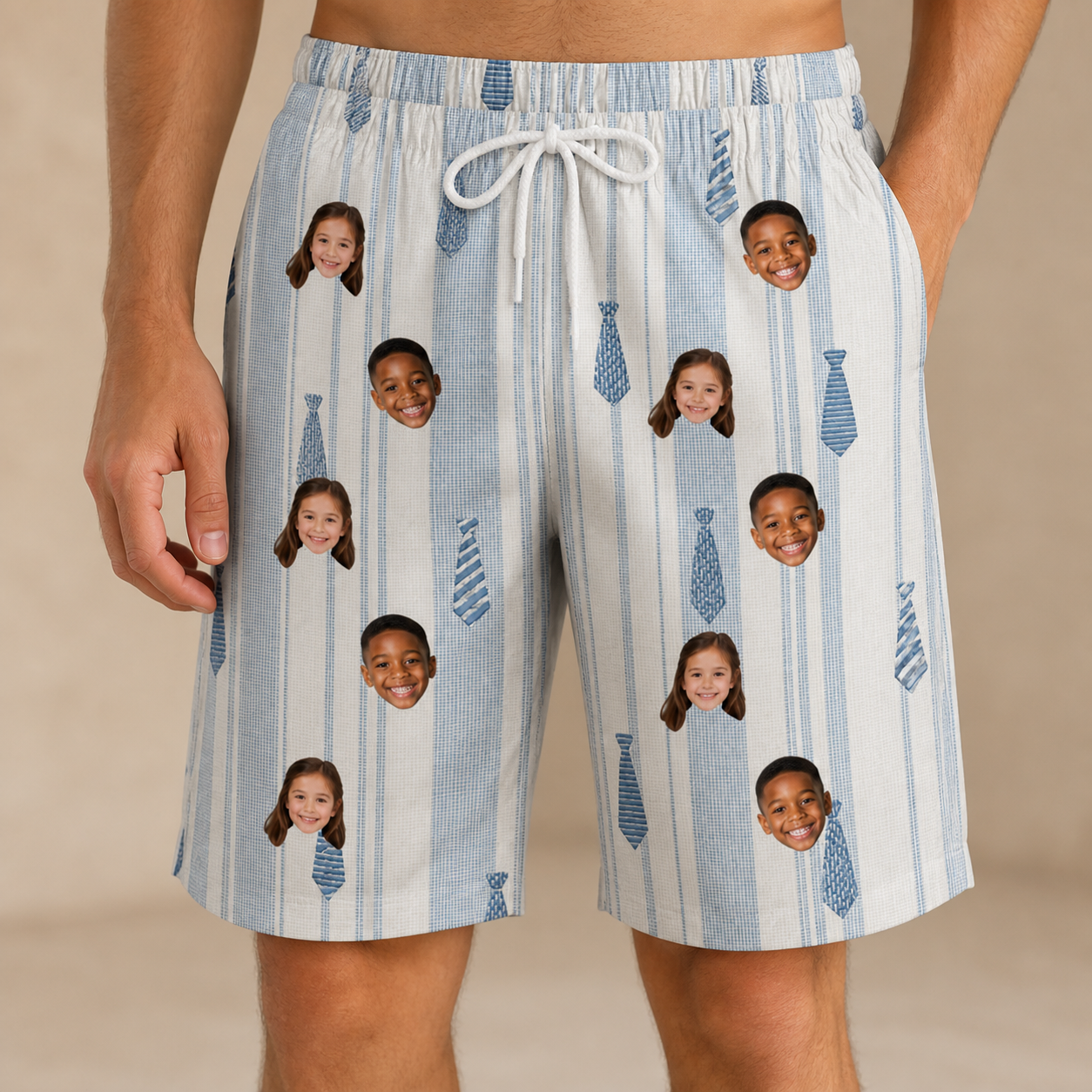 Model wearing Men's Collar Confetti Custom Face Beach Shorts printed with kids' faces