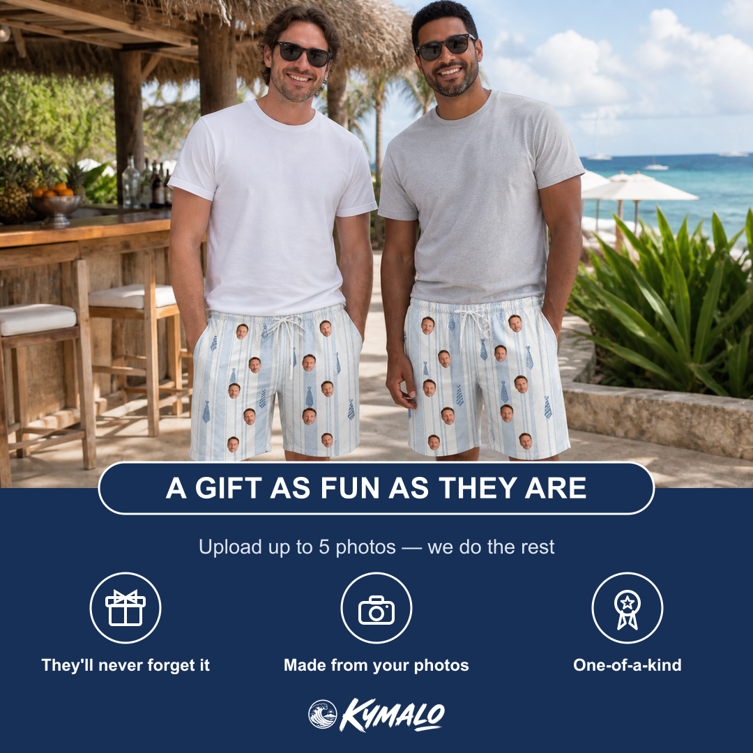 Friends in matching Men's Collar Confetti Custom Face Beach Shorts — a group gift photo