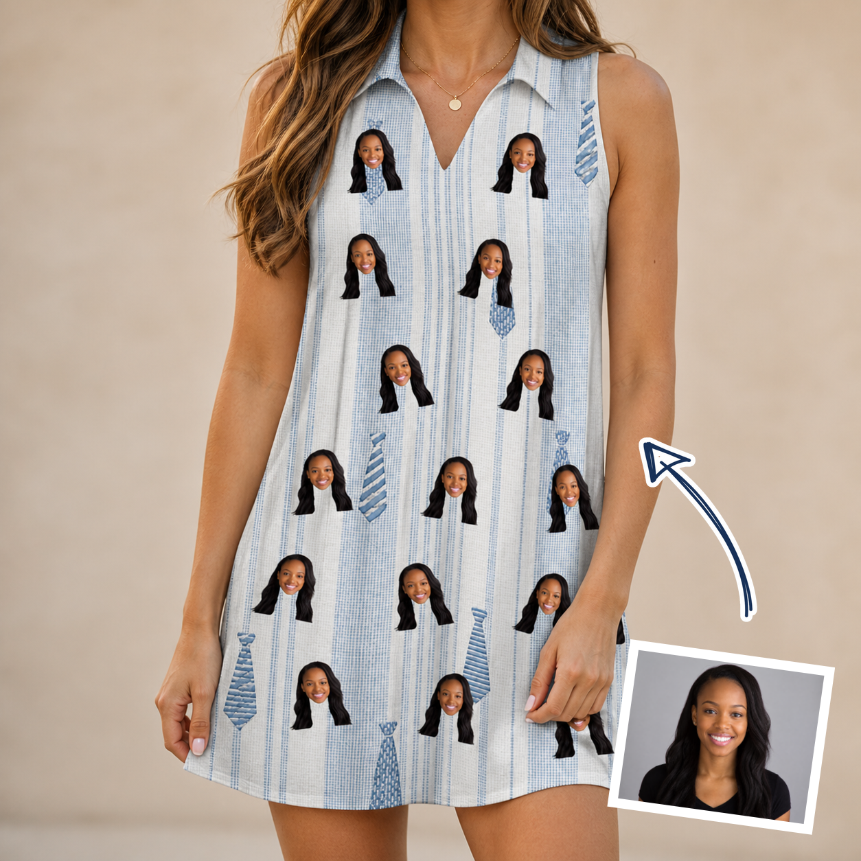Woman wearing Women's Collar Confetti Custom Face V-Neck Dress — custom faces printed all-over