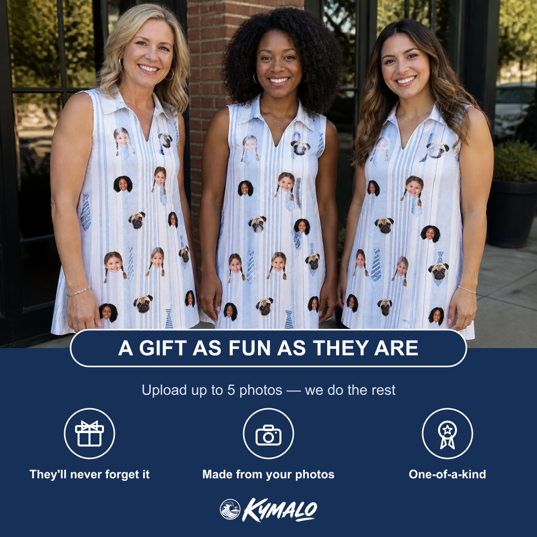 Friends in matching Women's Collar Confetti Custom Face V-Neck Dress — a group gift photo