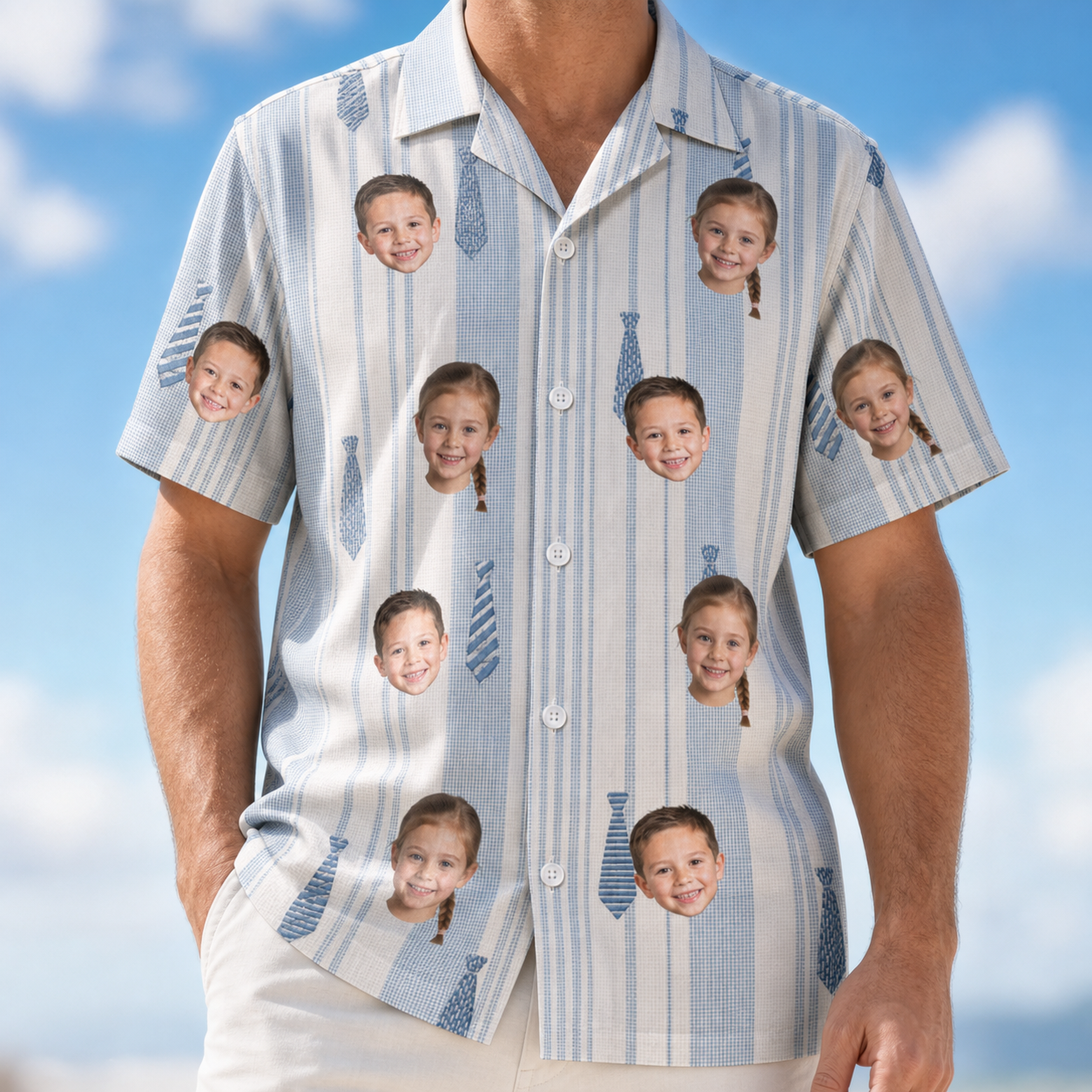 Model wearing Men's Collar Confetti Custom Face Hawaiian Shirt printed with kids' faces