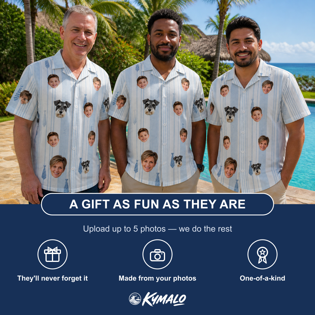 Friends in matching Men's Collar Confetti Custom Face Hawaiian Shirt — a group gift photo