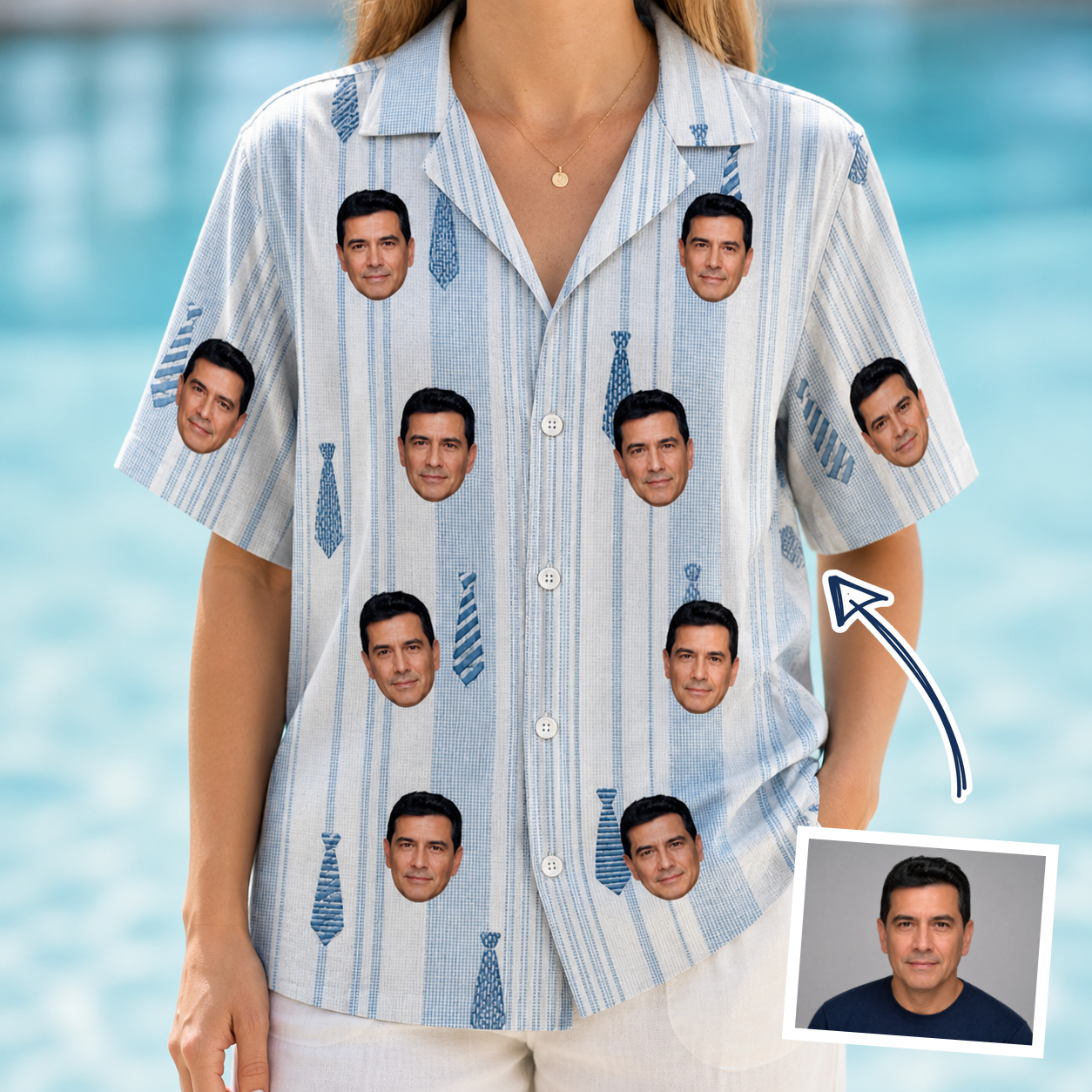 Woman wearing Women's Collar Confetti Custom Face Hawaiian Shirt — custom faces printed all-over