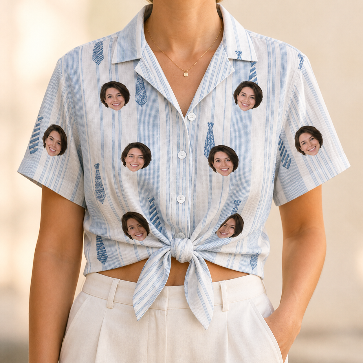 Woman wearing Women's Collar Confetti Custom Face Hawaiian Shirt tied at the waist
