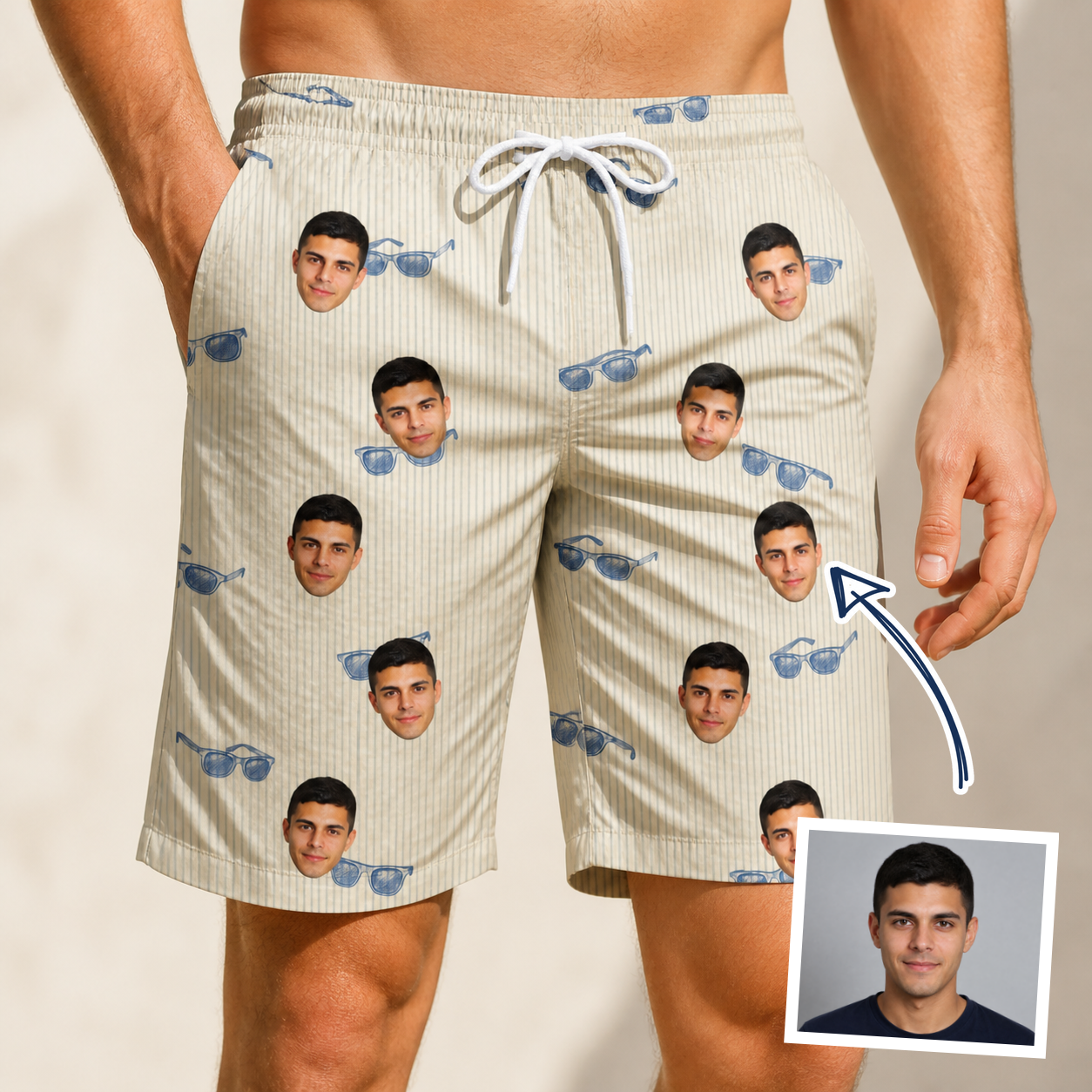 Man wearing Men's Solar Sire Custom Face Beach Shorts — custom faces printed all-over