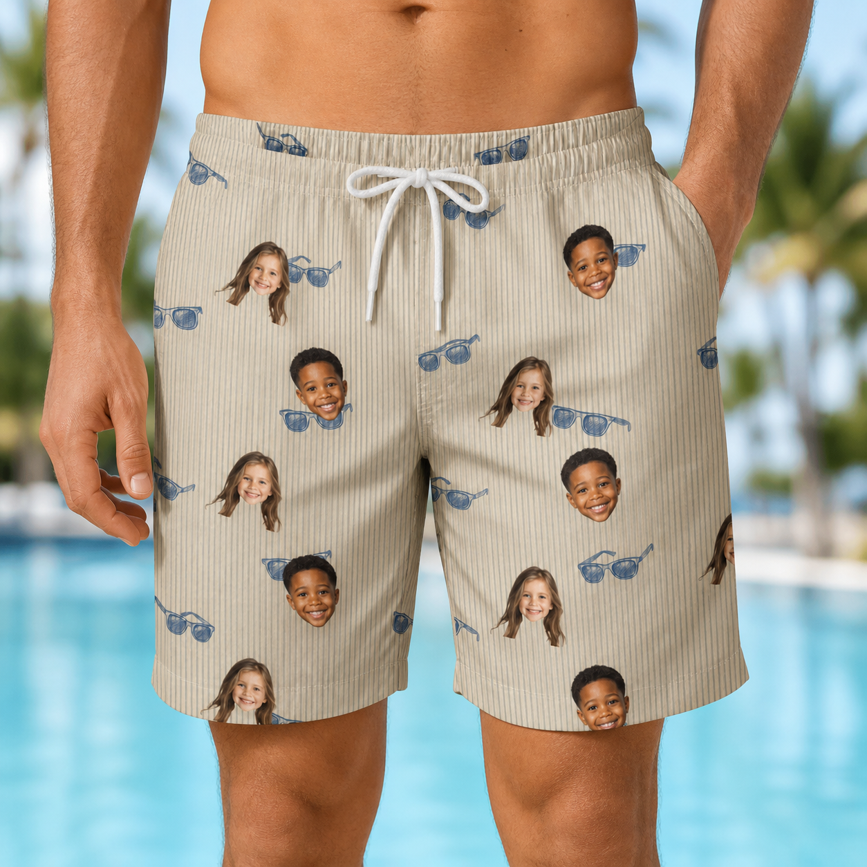 Model wearing Men's Solar Sire Custom Face Beach Shorts printed with kids' faces