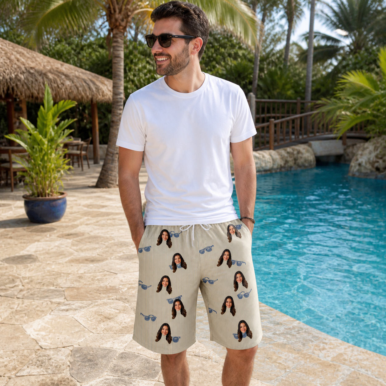 Real-life photo of someone wearing Men's Solar Sire Custom Face Beach Shorts — custom faces printed all-over
