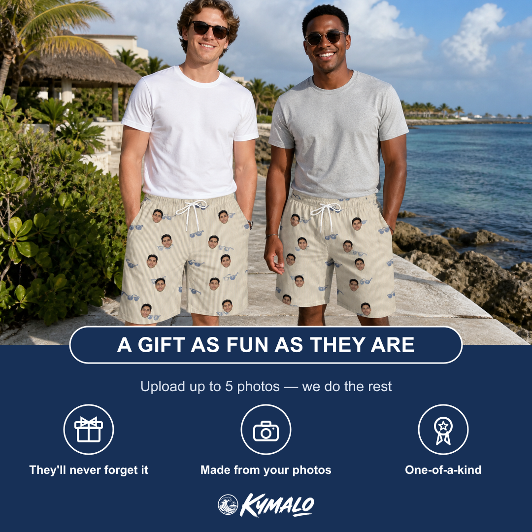 Friends in matching Men's Solar Sire Custom Face Beach Shorts — a group gift photo