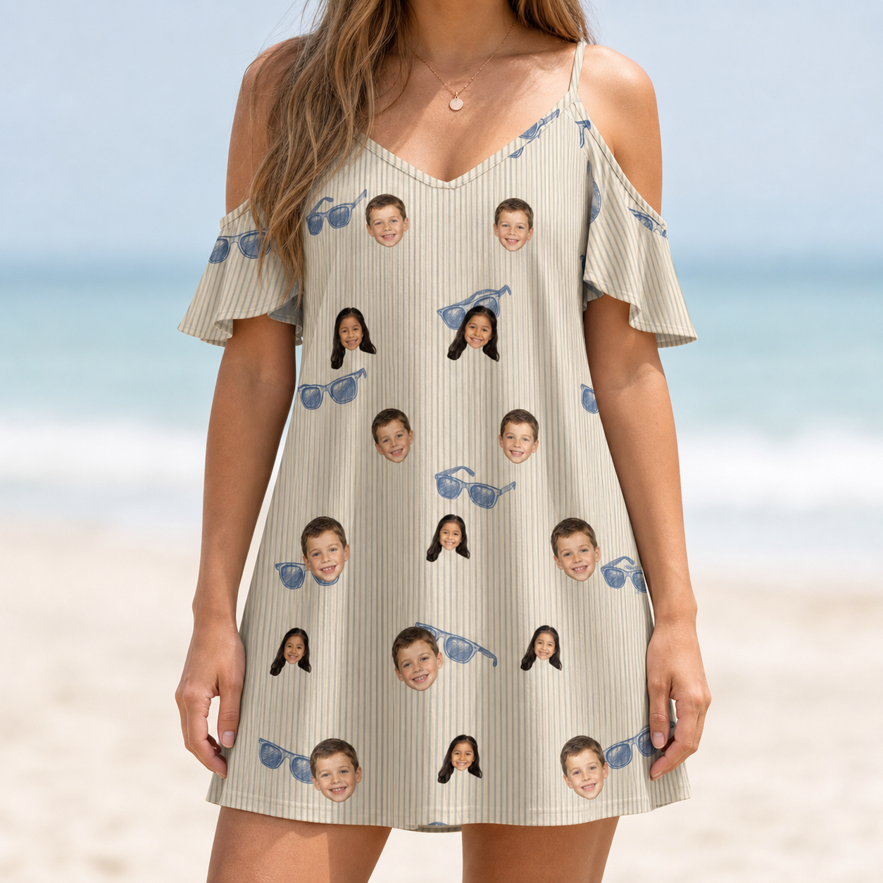 Model wearing Women's Solar Sire Custom Face Off-Shoulder Dress printed with kids' faces