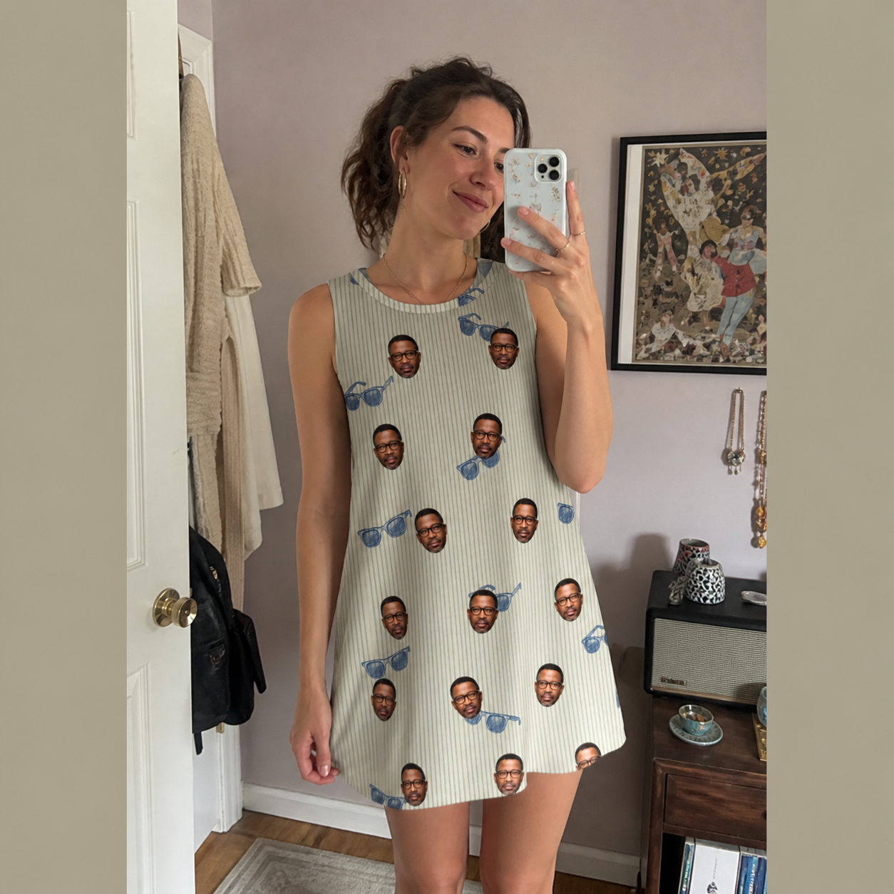 Real-life photo of someone wearing Women's Solar Sire Custom Face Tank Dress — custom faces printed all-over