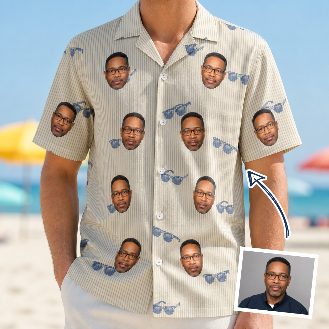 Man wearing Men's Solar Sire Custom Face Hawaiian Shirt — custom faces printed all-over