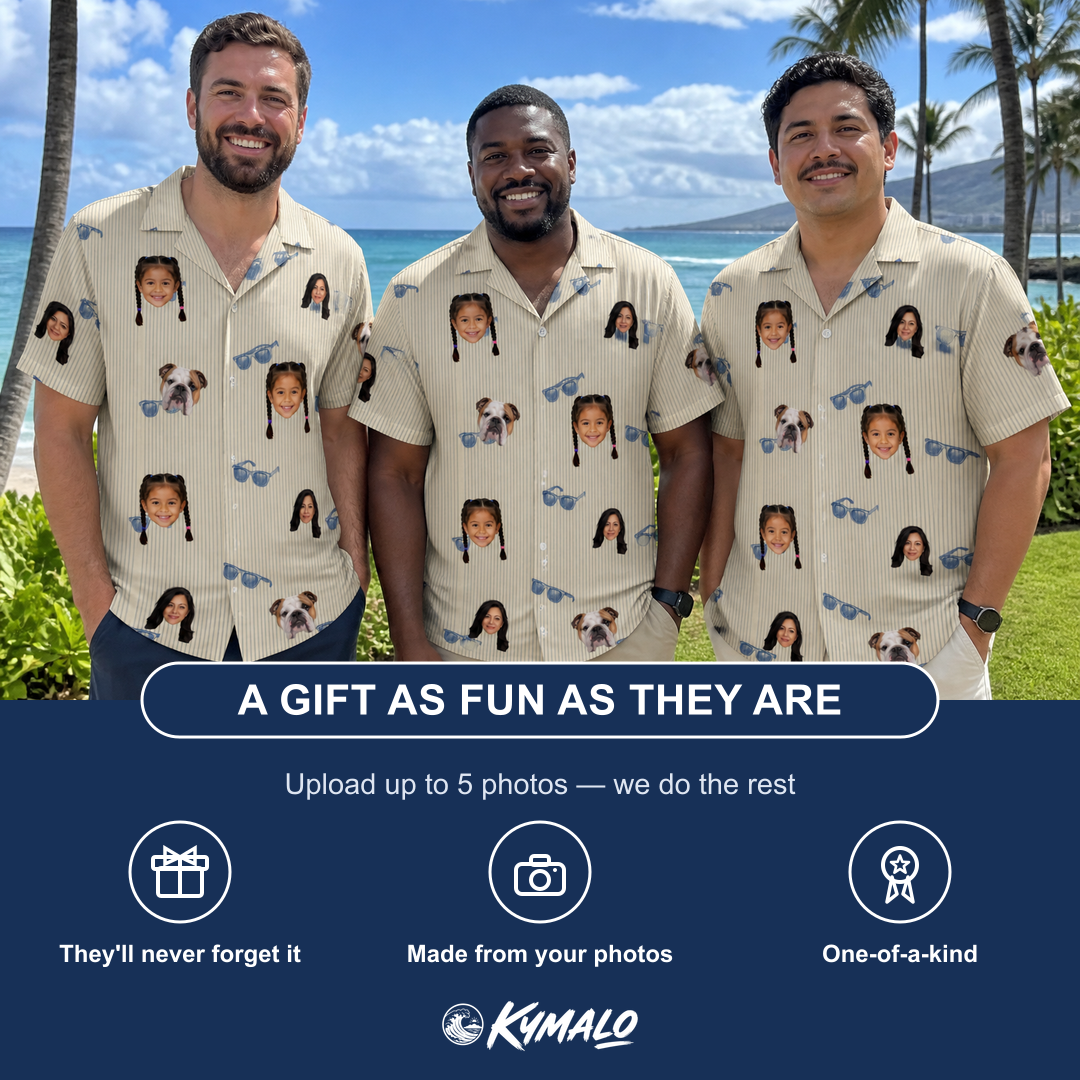 Friends in matching Men's Solar Sire Custom Face Hawaiian Shirt — a group gift photo