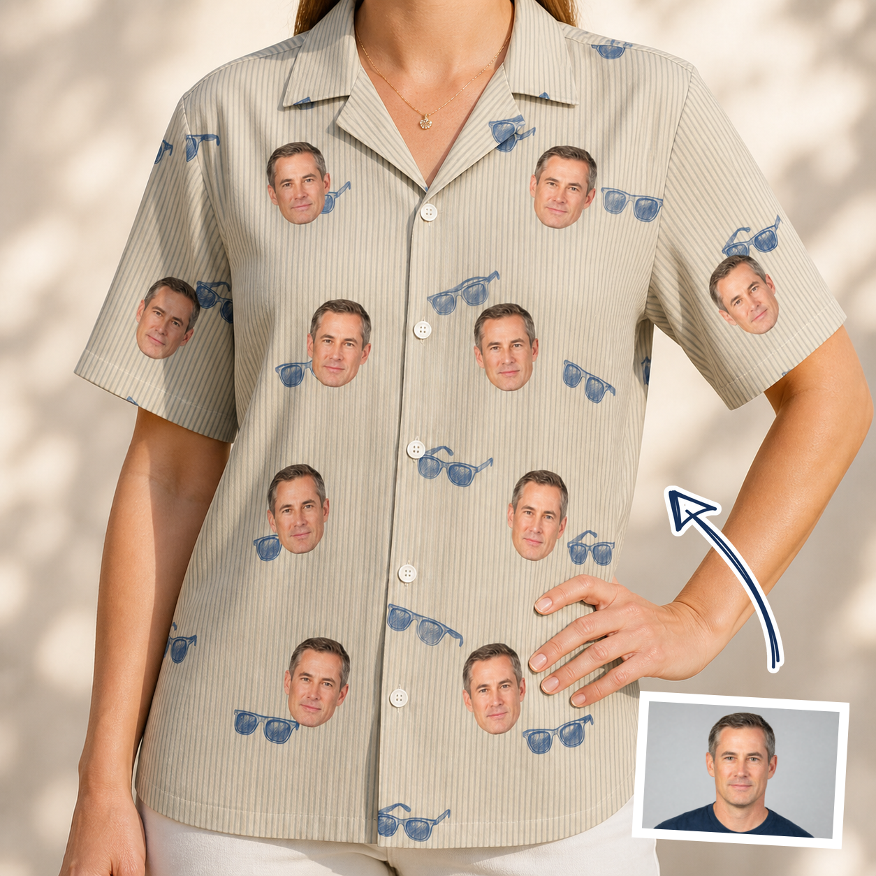 Woman wearing Women's Solar Sire Custom Face Hawaiian Shirt — custom faces printed all-over
