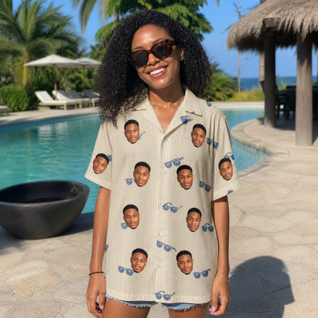 Real-life photo of someone wearing Women's Solar Sire Custom Face Hawaiian Shirt — custom faces printed all-over