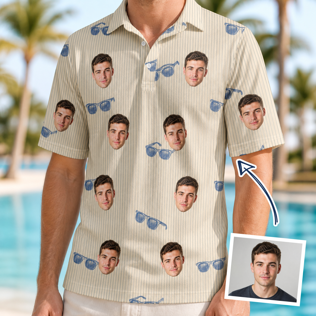 Man wearing Men's Solar Sire Custom Face Polo Shirt — custom faces printed all-over