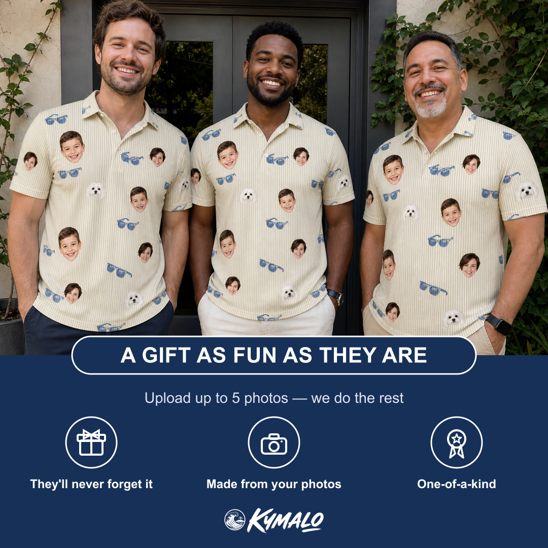 Friends in matching Men's Solar Sire Custom Face Polo Shirt — a group gift photo