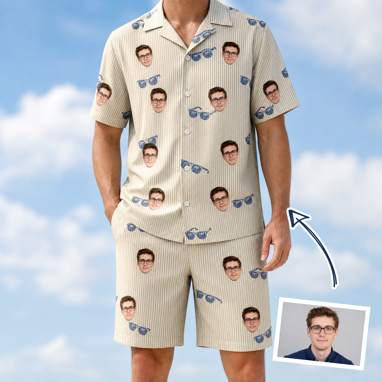 Man wearing Men's Solar Sire Custom Face Shirt & Shorts Set — custom faces printed all-over