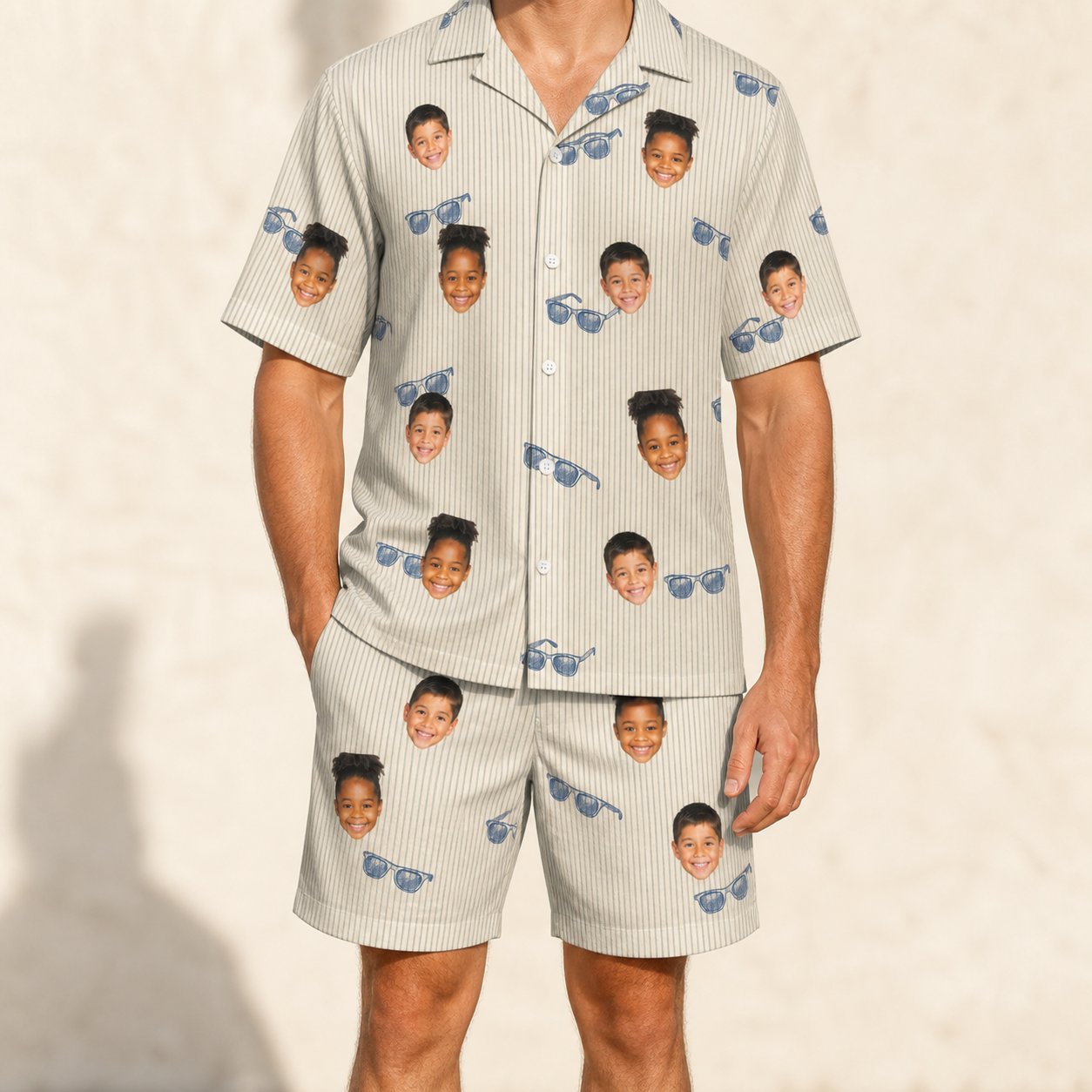 Model wearing Men's Solar Sire Custom Face Shirt & Shorts Set printed with kids' faces