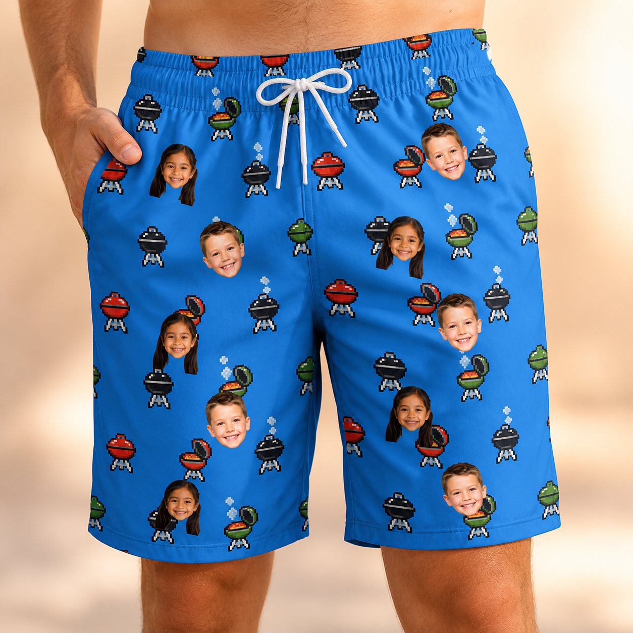 Model wearing Men's Flame Fame Custom Face Beach Shorts printed with kids' faces
