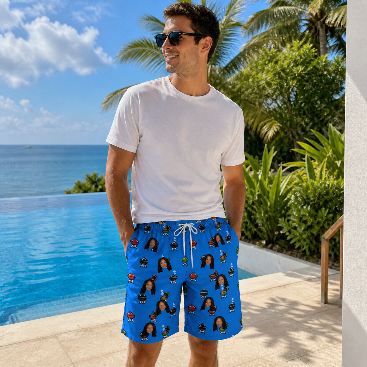 Real-life photo of someone wearing Men's Flame Fame Custom Face Beach Shorts — custom faces printed all-over