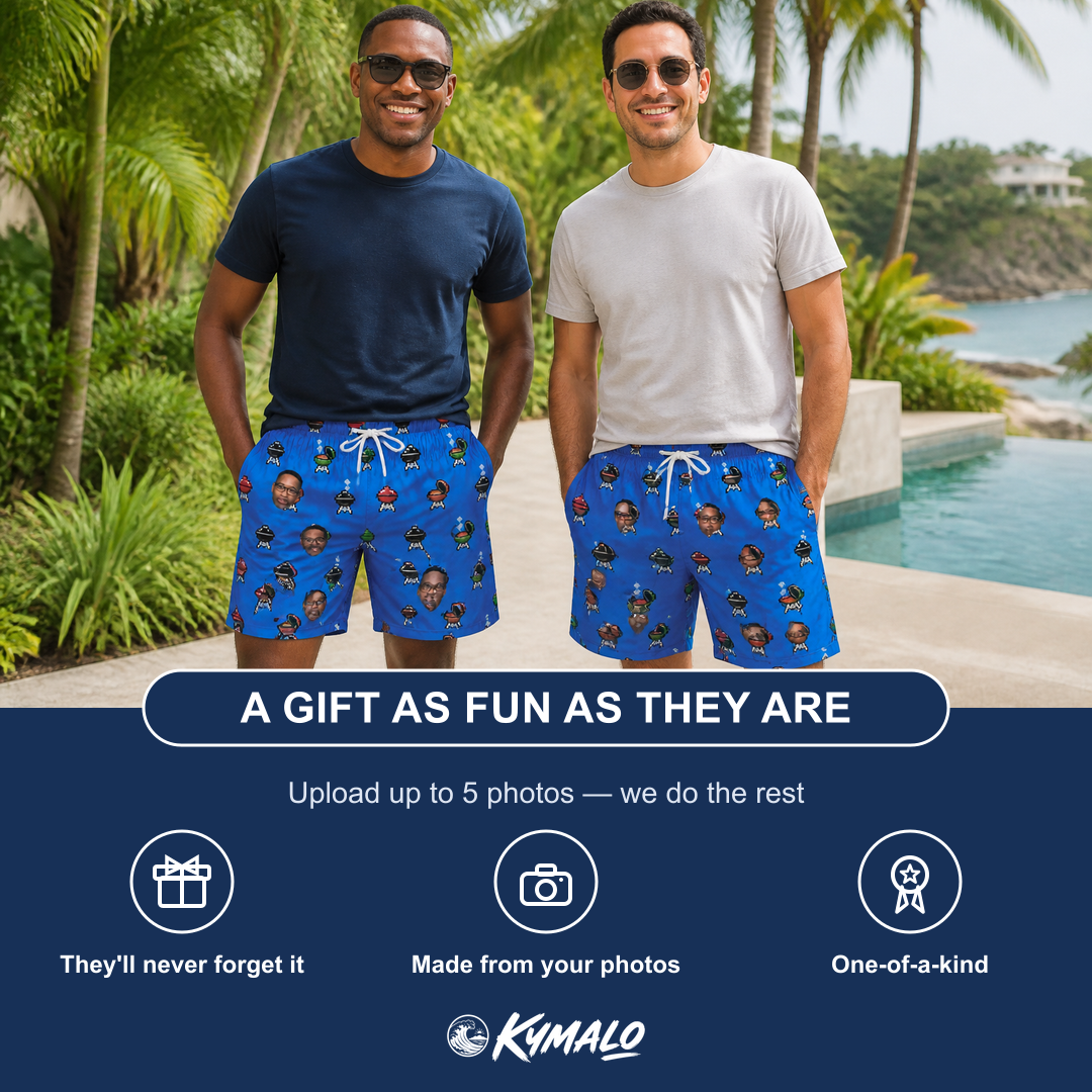 Friends in matching Men's Flame Fame Custom Face Beach Shorts — a group gift photo