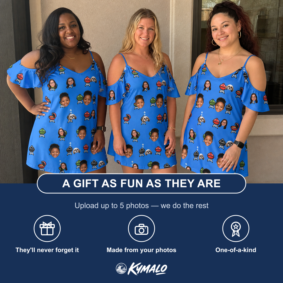 Friends in matching Women's Flame Fame Custom Face Off-Shoulder Dress — a group gift photo
