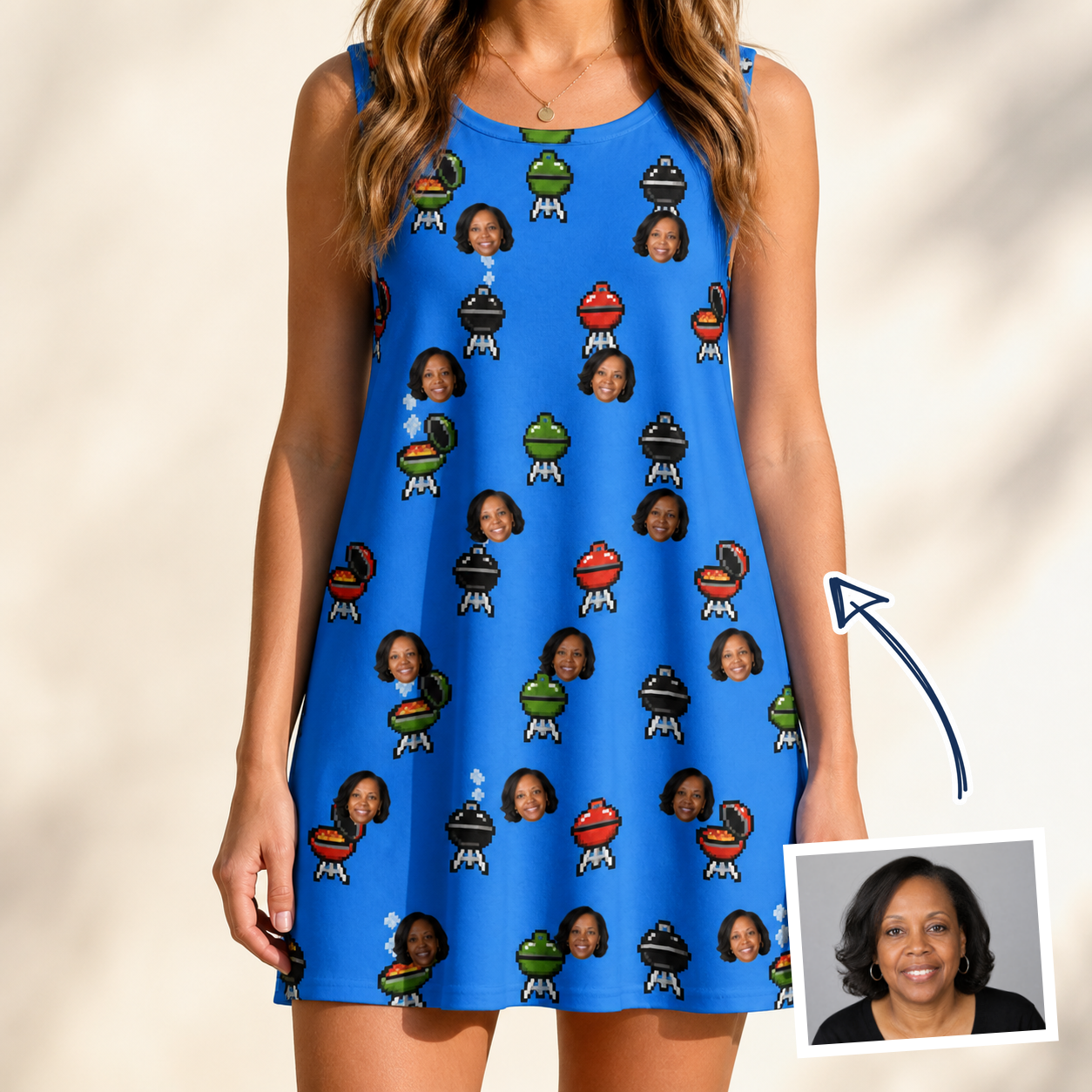 Woman wearing Women's Flame Fame Custom Face Tank Dress — custom faces printed all-over