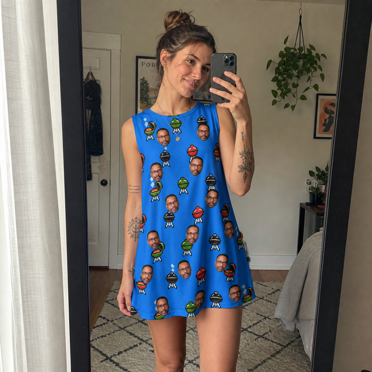 Real-life photo of someone wearing Women's Flame Fame Custom Face Tank Dress — custom faces printed all-over