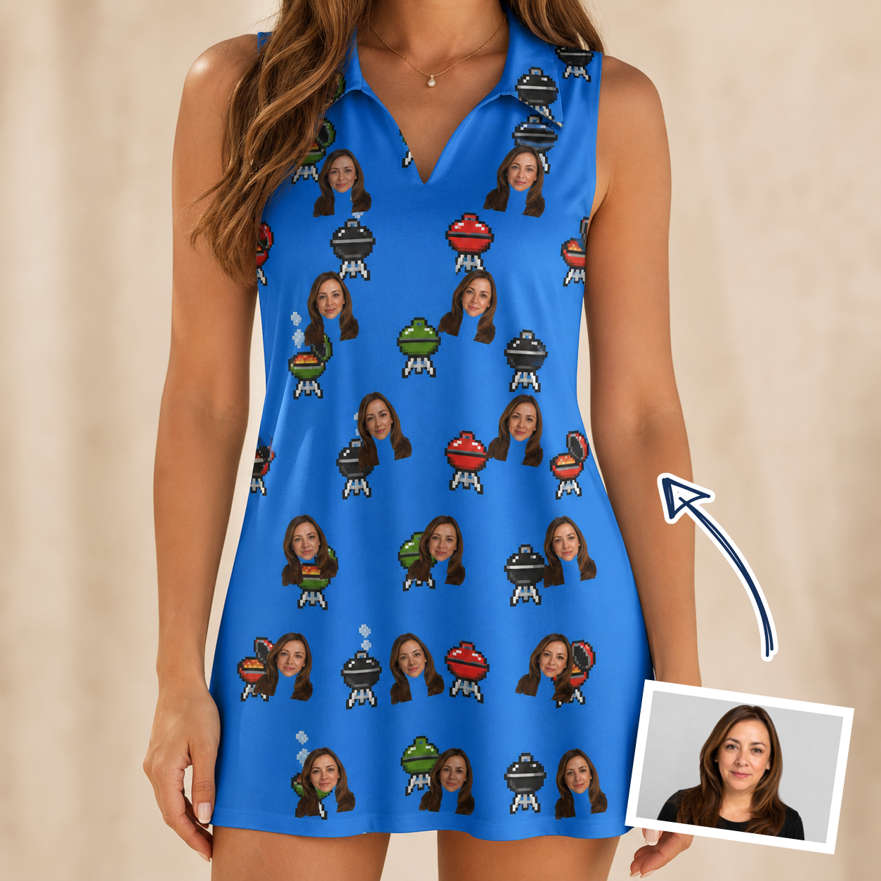 Woman wearing Women's Flame Fame Custom Face V-Neck Dress — custom faces printed all-over
