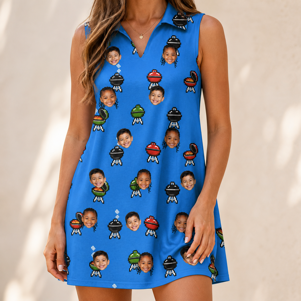 Model wearing Women's Flame Fame Custom Face V-Neck Dress printed with kids' faces