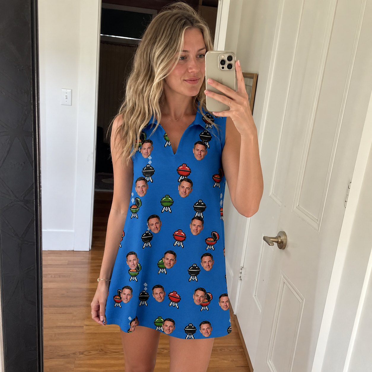 Real-life photo of someone wearing Women's Flame Fame Custom Face V-Neck Dress — custom faces printed all-over