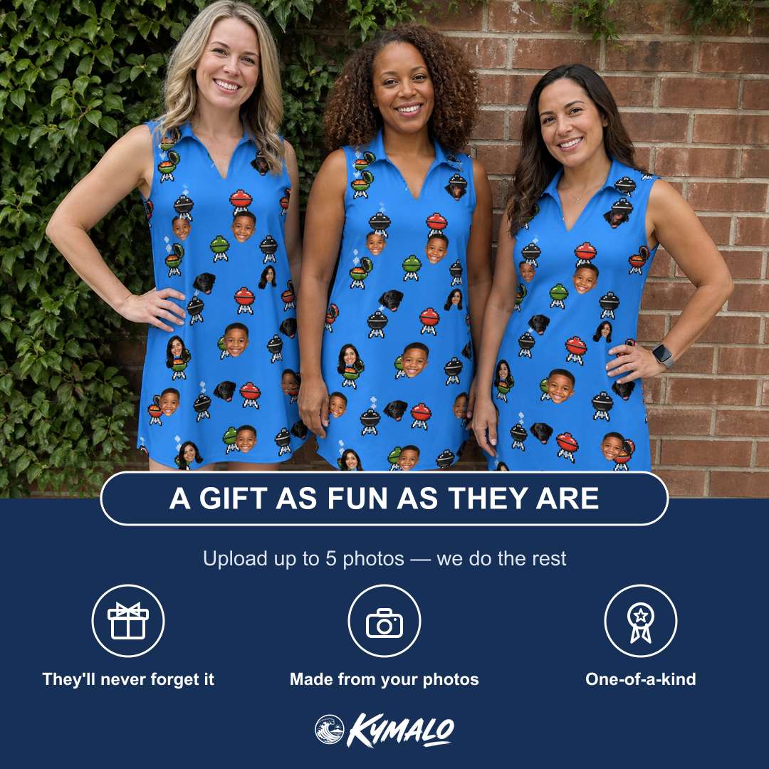 Friends in matching Women's Flame Fame Custom Face V-Neck Dress — a group gift photo
