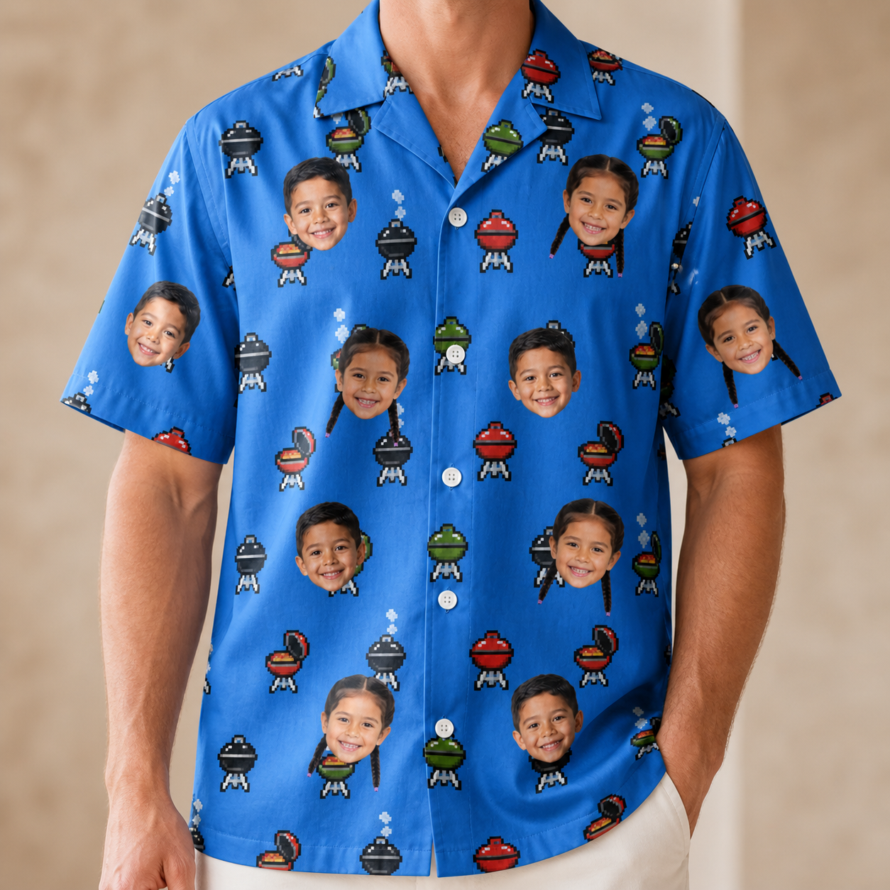 Model wearing Men's Flame Fame Custom Face Hawaiian Shirt printed with kids' faces