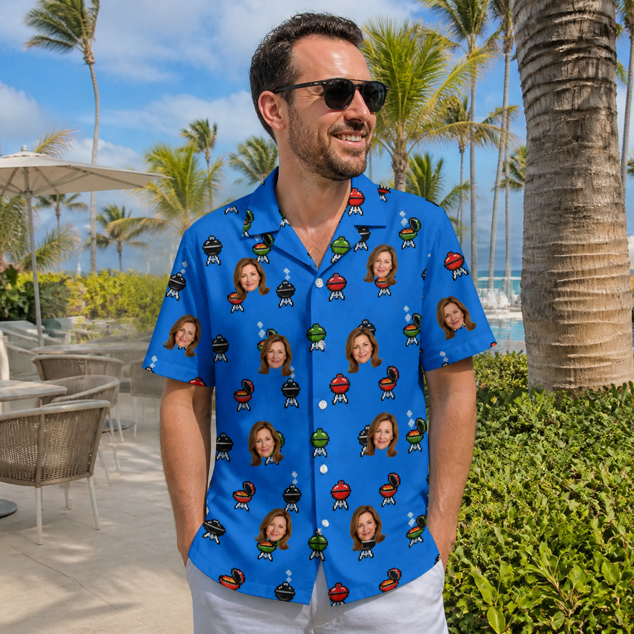 Real-life photo of someone wearing Men's Flame Fame Custom Face Hawaiian Shirt — custom faces printed all-over