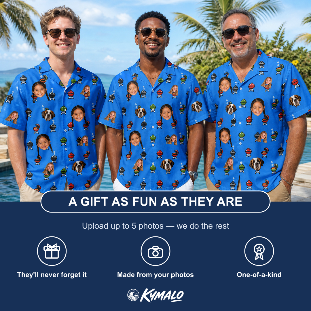 Friends in matching Men's Flame Fame Custom Face Hawaiian Shirt — a group gift photo