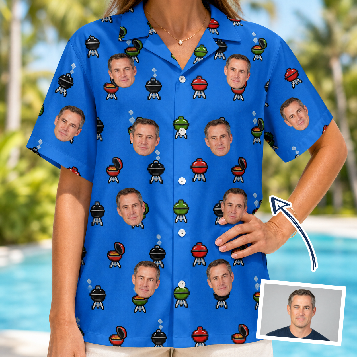 Woman wearing Women's Flame Fame Custom Face Hawaiian Shirt — custom faces printed all-over