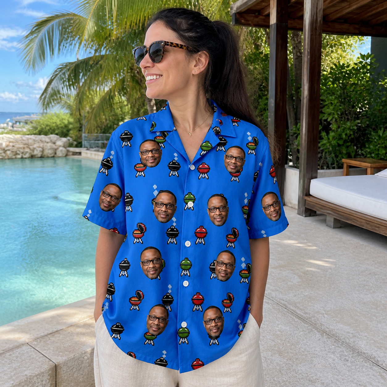 Real-life photo of someone wearing Women's Flame Fame Custom Face Hawaiian Shirt — custom faces printed all-over