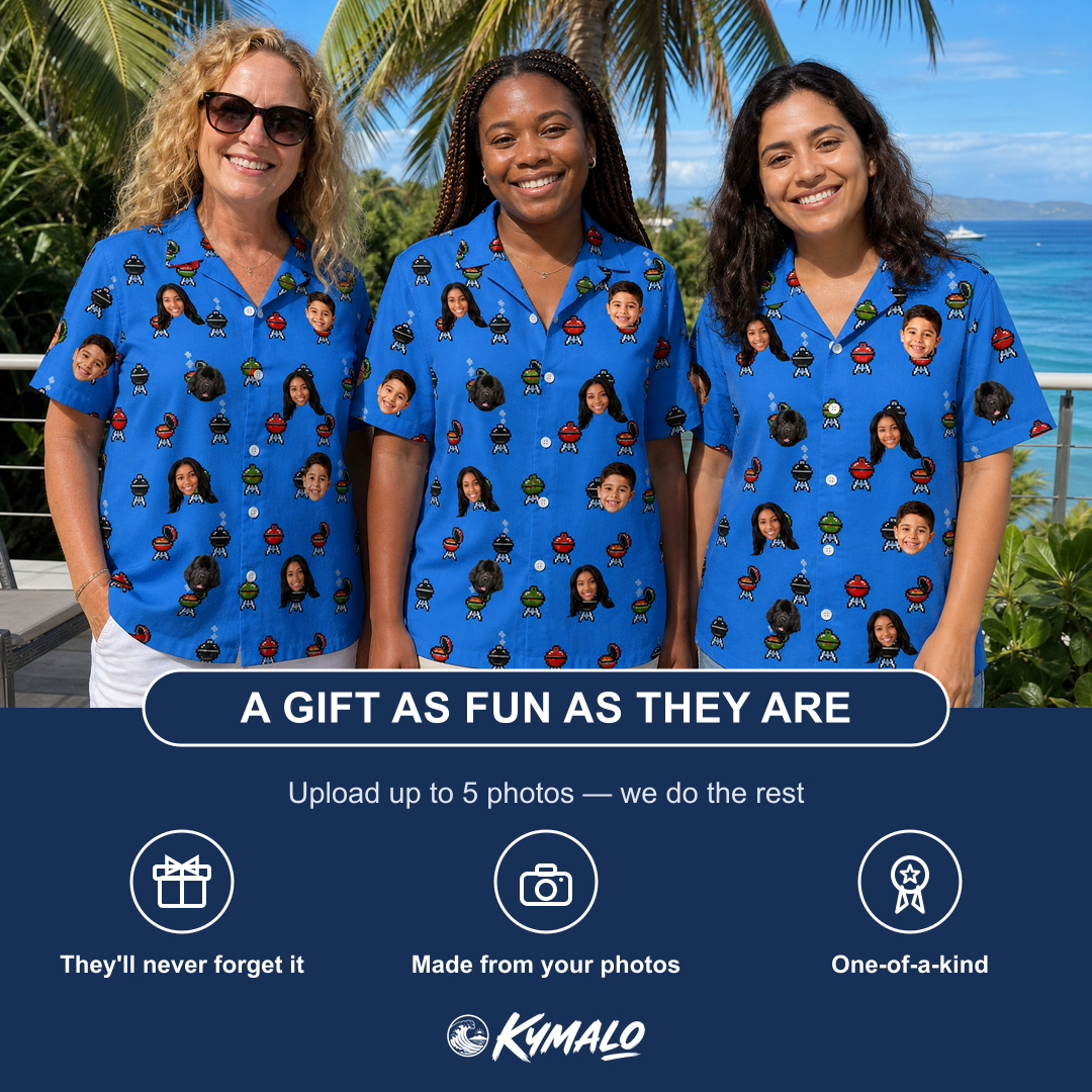 Friends in matching Women's Flame Fame Custom Face Hawaiian Shirt — a group gift photo
