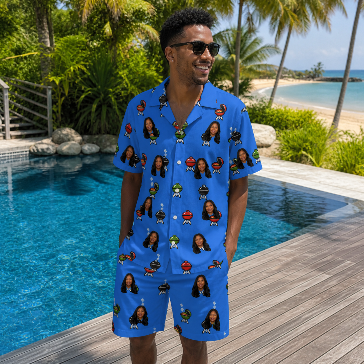 Real-life photo of someone wearing Men's Flame Fame Custom Face Shirt & Shorts Set — custom faces printed all-over